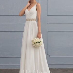 White Ruched Sleeveless V-Neck Wedding Gown